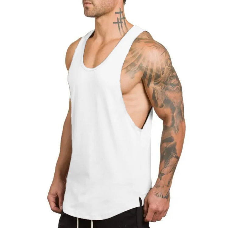 Men’s Gym Vest Bodybuilding Tank Top Fitness Stringer Workout Wear in white, showcasing muscle definition and comfort.