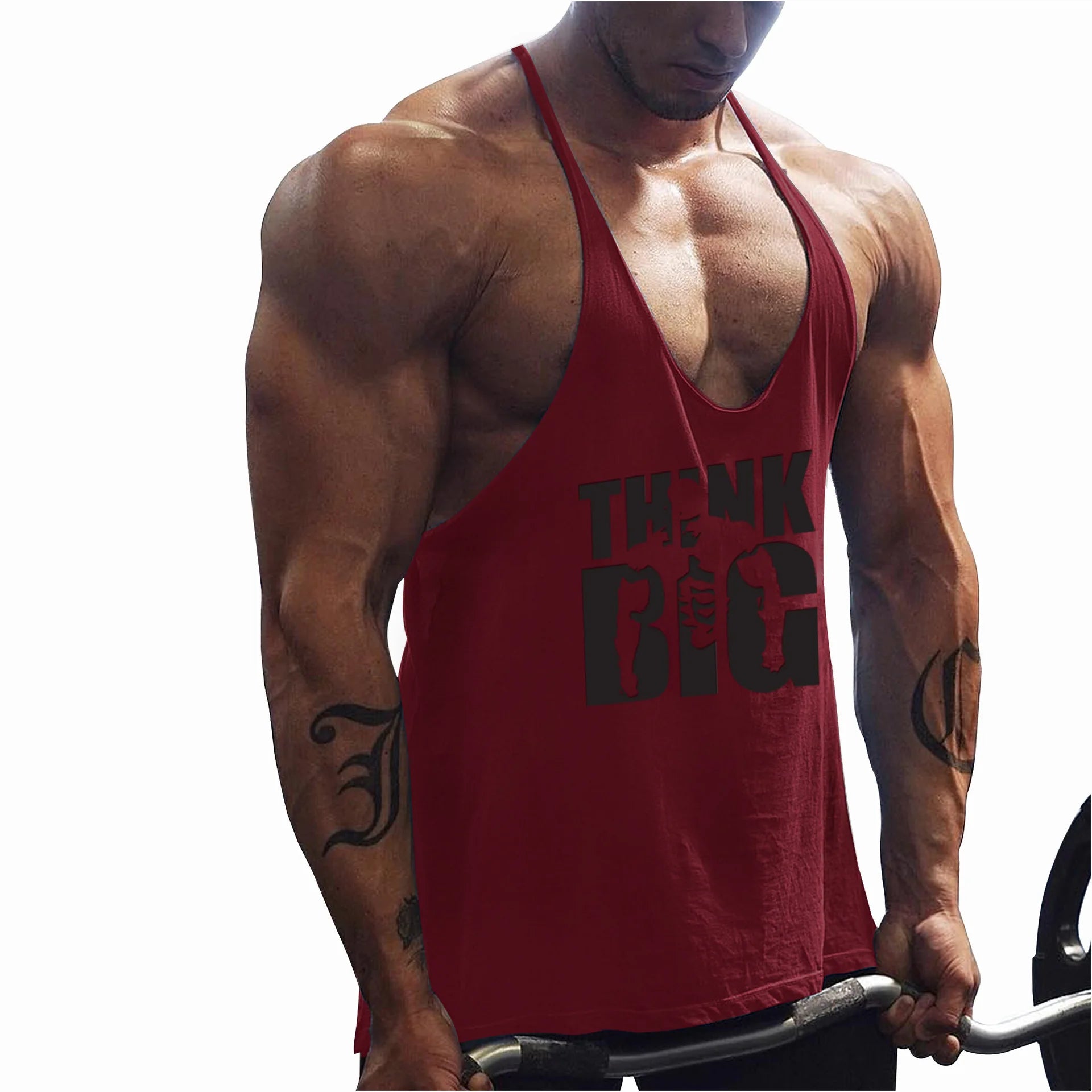 Men’s Gym Hooded Tank Top Cotton Sleeveless Fitness Workout Vest, red tank top worn by muscular man at the gym.
