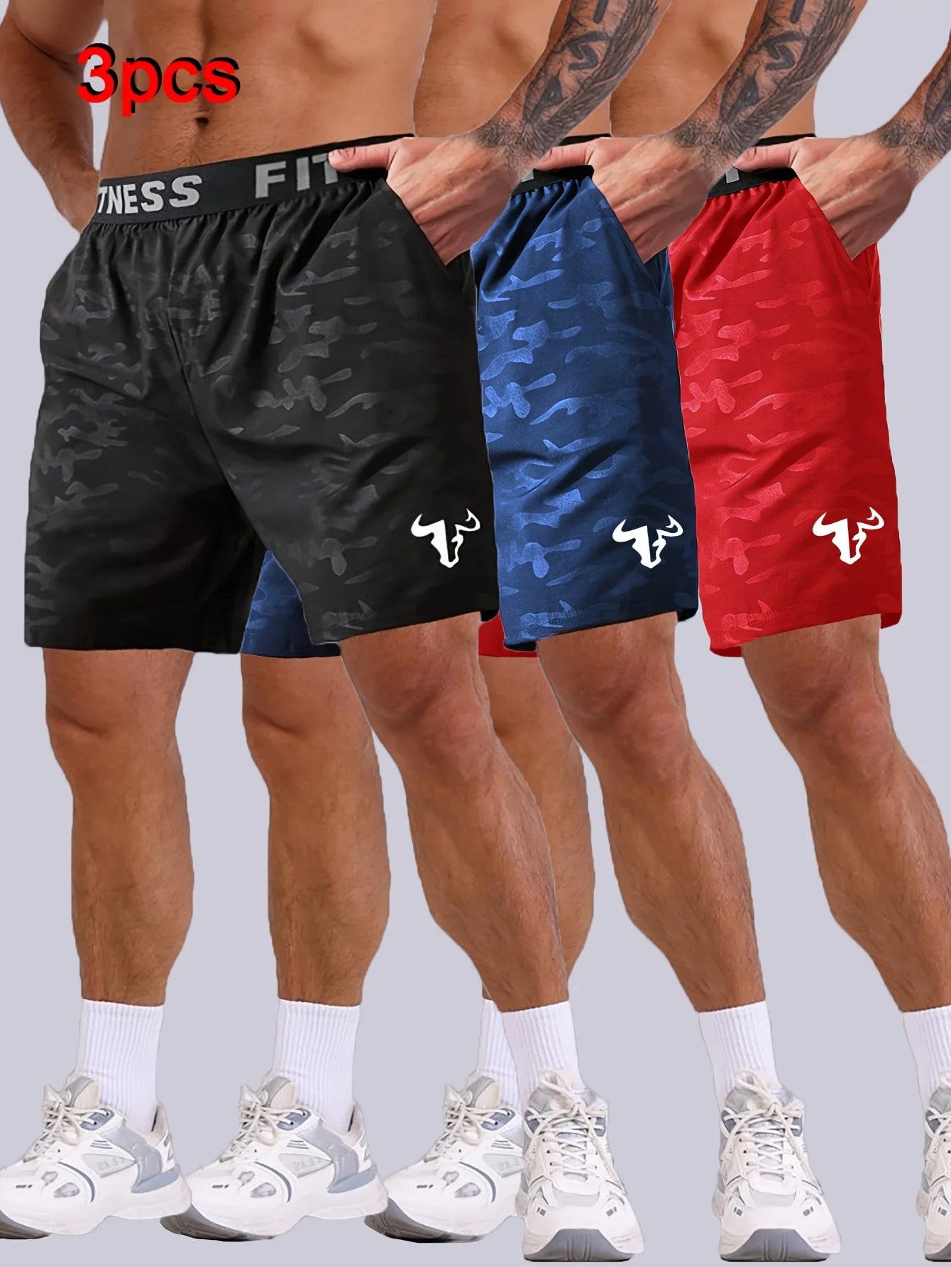 Men's Bull Print Sports Shorts 3-Piece Set featuring black, blue, and red shorts for athletic performance and style.