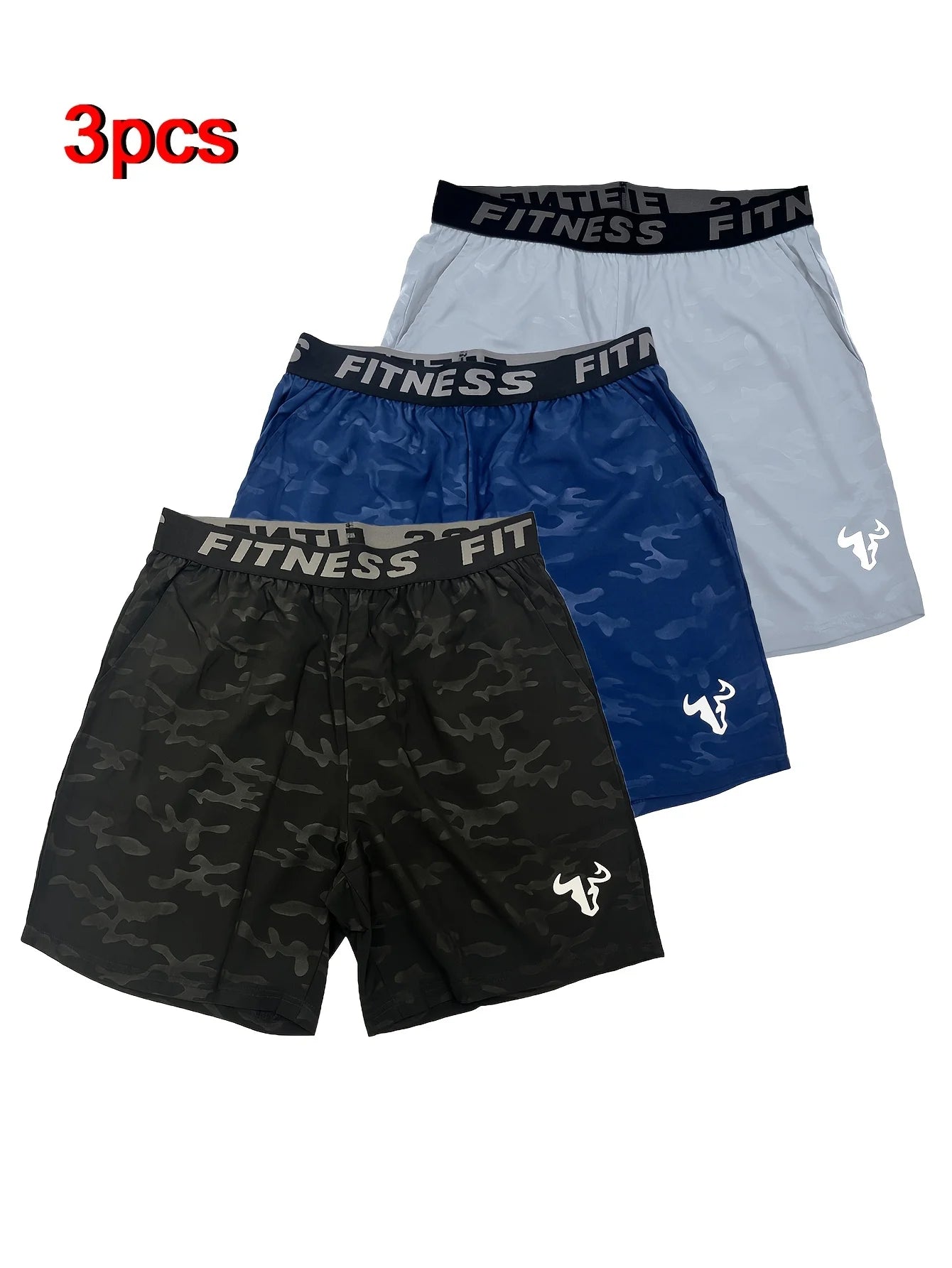 Men's Bull Print Sports Shorts 3-Piece Set featuring three styles: black camo, blue, and light gray shorts.