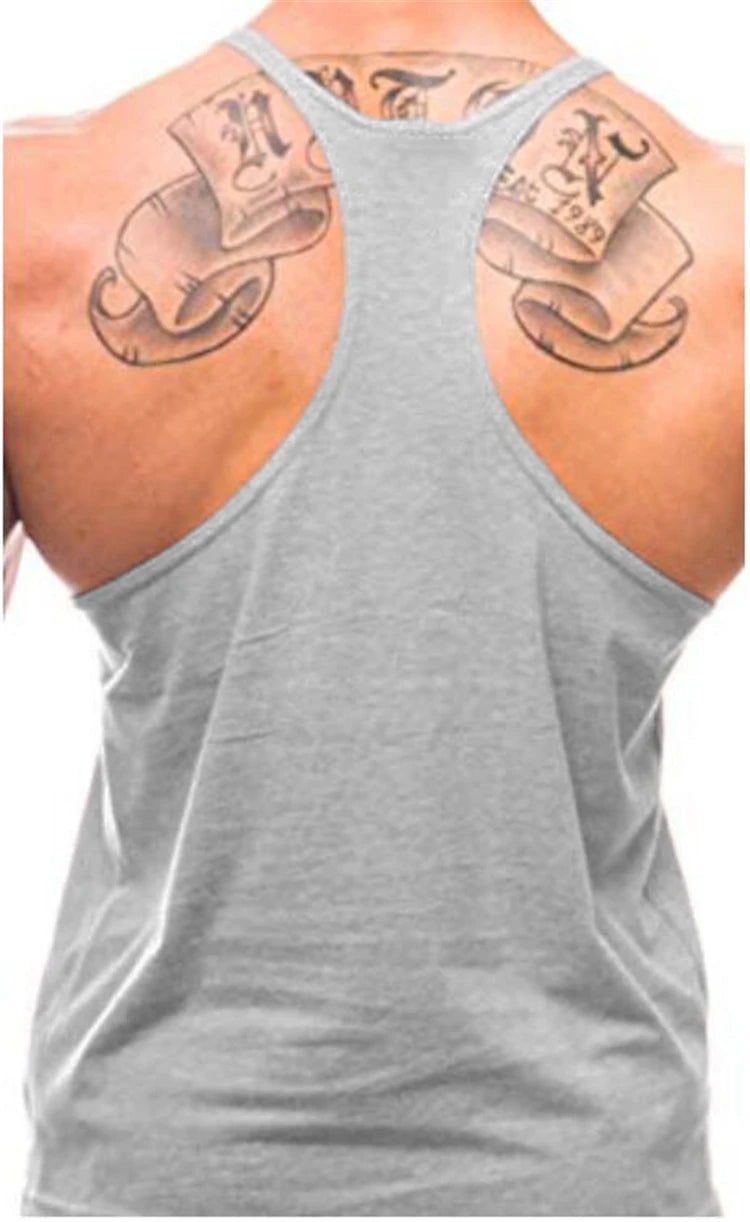 Men’s Gym Tank Top Cotton Y-Back Fitness Muscle Bodybuilding Vest worn from the back, showcasing design and tattoos.