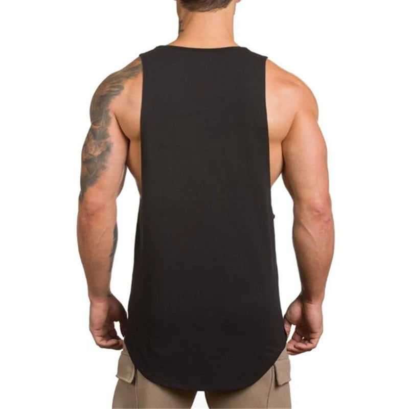 Men’s Gym Vest Bodybuilding Tank Top Fitness Stringer Workout Wear displayed on male model from the back.