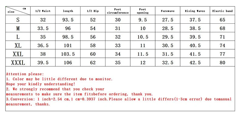 Size chart for Men’s Casual Fashion Jogger Sweatpants Gym Running Workout Trousers with measurements for various sizes.