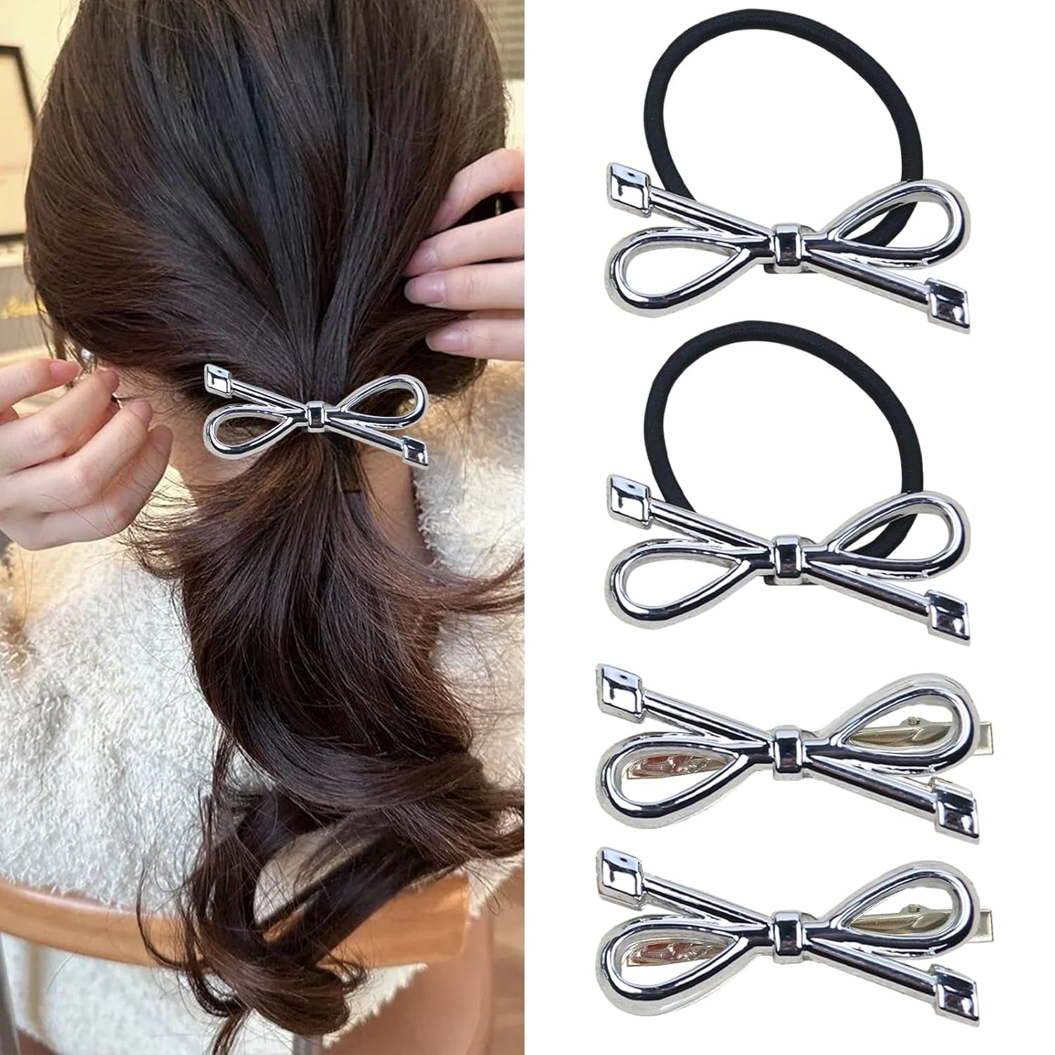 Metal Bows Hair Ties for Women Bows Hair Clips Rubber Elastic Hairband Bowknot Ponytail Holders Hair Accessories for Girls Hair Styling Holiday Party Supplies 4Pcs