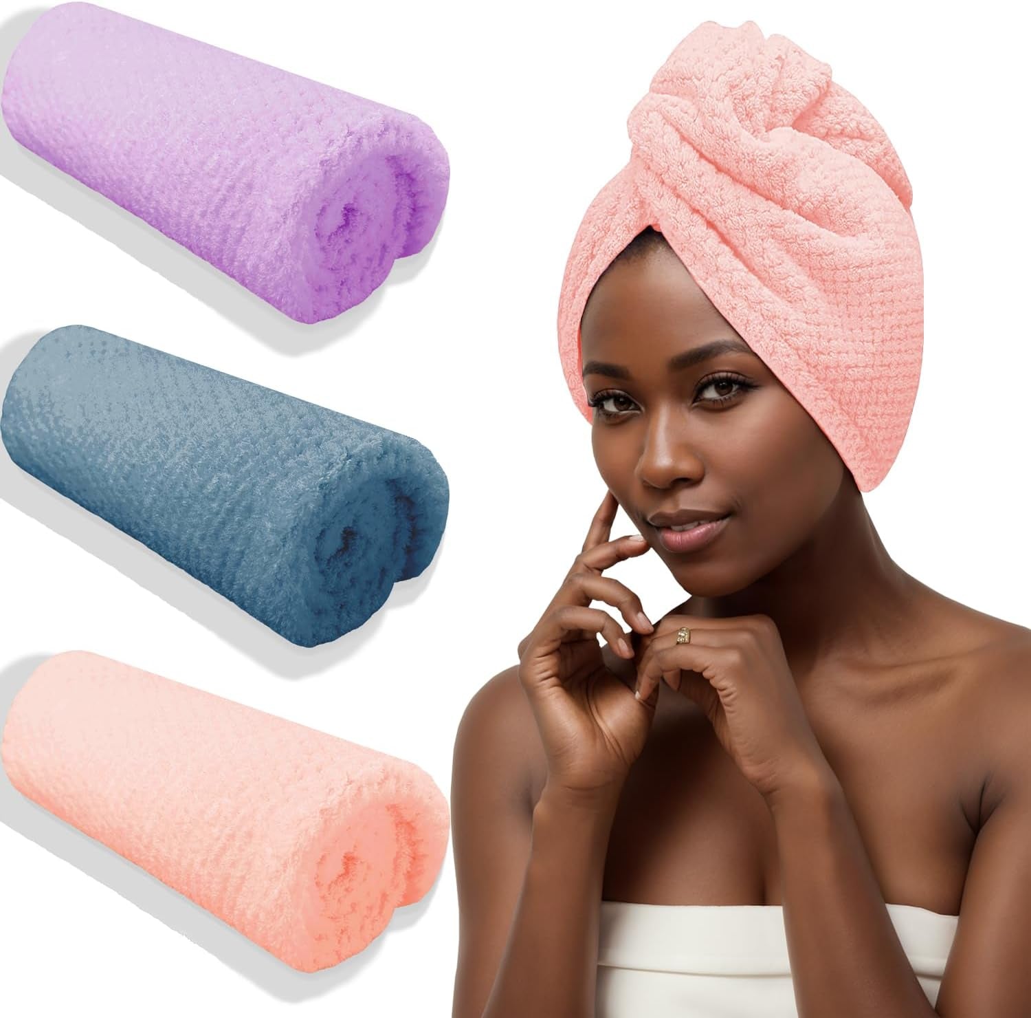 3 PCS Microfiber Hair Towel, Hair Wraps for Women Wet Hair, Hair Turban for All Hair Style anti Frizz, Large Hair Drying Towel with Button