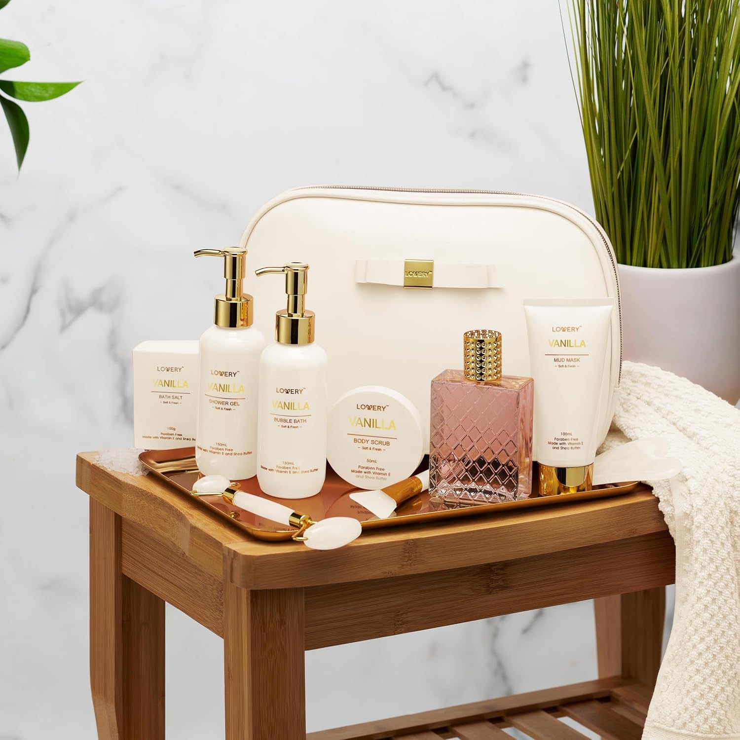 Valentines Day Gifts for Women, Vanilla Spa Gift Basket for Women - Self Care Kit Bath Set with Shower Gel, Bubble Bath, Perfume, Gua Sha, Jade Roller - Birthday Gift Set for Women, Mom, Mother'S Day