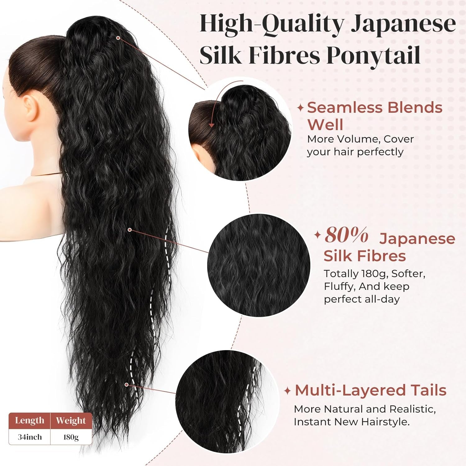 Ponytail Extension, 34" Black Long Wavy Drawstring Ponytail Extensions, DP001 Softer Lighter 80% Japanese Import Synthetic Clip in Hair Extensions Natural Looking Hairpiece for Women-Black